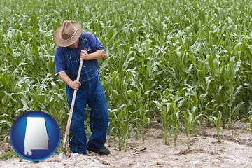 a farmer growing corn in a cornfield - with Alabama icon
